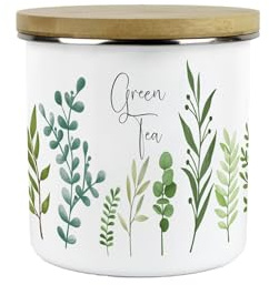 Purely Home Green Leaves Green Tea Storage Canister - Vibrant Foliage Kitchen Decor Gift - Metal/Enamel Hot Drinks Storage Container