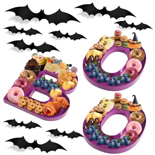 Halloween Charcuterie Board, Fillable Letter Paper Cardboard Halloween Boo Serving Trays with 28 Bat Decoration Cheese Platter Dinnerware Plate Candy Snack Dish Bowl for Food Party Decor (Purple)
