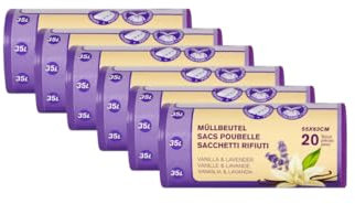 Lot de 6 rouleaux de 20 sacs poubelle indéchirables avec cordon de serrage - 35 l - Vanille et lavande
