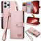 VEEMOS Zipper Wallet Case for Apple iPhone 16 Pro Max Phone Case with Purse Card Holders RFID Blocking Leather Flip Case Book Cover Wrist Strap Women - Pink
