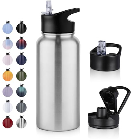 UMBFUN Bouteille d'eau en Acier Inoxydable - 1L avec Paille,anti-fuite,Gazéifiée,BPA free Gourde Thermos(+2 Couvercles) Isolation Double Paroi Sous Vide pour Sport,Voyage,Camping,école,Vélo,Gym