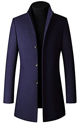 Trench long pour homme - Manteau long et chaud à col montant - Trench formel - Trench pour l'automne et l'hiver - Manteau d'hiver décontracté à double col - Coupe ajustée - Manteau long, bleu marine,