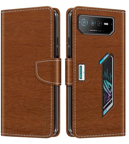 Shantime Funda tipo cartera de piel con textura de grano de madera compatible con Asus ROG Phone 6, tarjetero, soporte e interior de TPU suave para Asus ROG Phone 6D (6.8 pulgadas), marrón