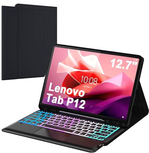 Coque Clavier Pour Lenovo Tab P12 12.7 Pouces Tablette 2023 : Clavier RéTroéClairé 3 Zones 7 Couleurs Pour Lenovo Tab P12 12.7 - Clavier Azerty Français Sans Fil DéTachable Avec Support De Stylet