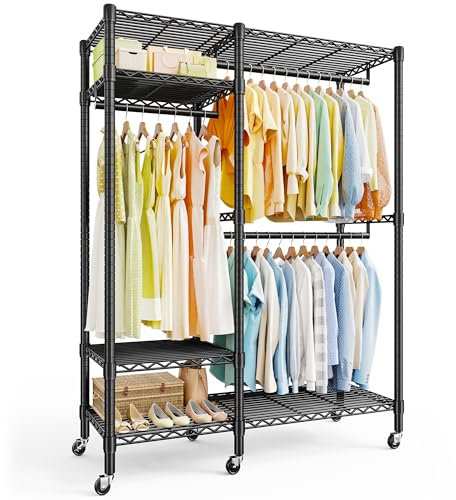 REIBII Clothes Rail, Heavy Duty Clothes Rails, Metal Clothing Rail Clothing Garment Rack Coat Rails Closet Rack,on Wheels Freestanding Open Wardrobe for Bedroom with Adjustable Shelves, Black