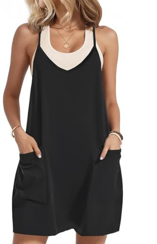 Zeagoo Abiti Estivo Donna Spalline Sottili Scollo a V Senza Maniche Vestito Casual Abito con Tasche Corto Tinta Unita Abito da Spiaggia Nero XL