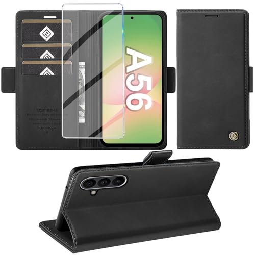 Giyer Handyhülle für Samsung Galaxy A56 5G Hülle mit Schutzfolie, Schutzhülle Galaxy A56 5G PU Leder Wallet Flip Case Standfunktion Kartenfach Klapphülle für Samsung A56 5G Cover Tasche (Schwarz)