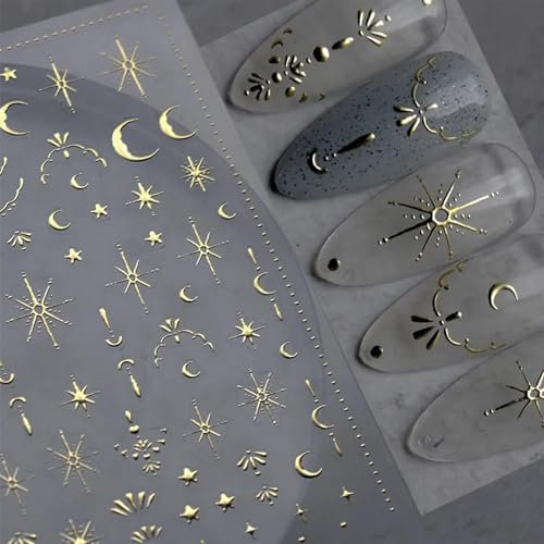 GlamRays Moon Star Nail Art Glue - 1 piece 3D gold embellished nail glue for nail art, self-adhesive luxury nail prints for women girls nail design, manicure decoration