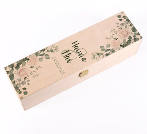 Herz & Heim® Personalisierte Holz-Weinbox – Hochzeitsgeschenk mit Namen & Datum – Edle Geschenkbox aus Holz für Weinflaschen – Bedruckte Weinkiste zur Hochzeit & Jubiläum (Rosen)