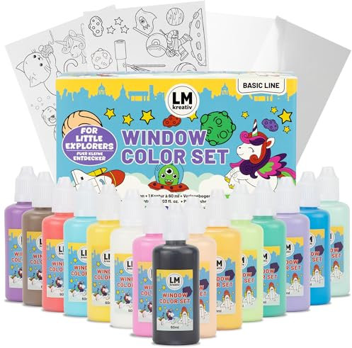 LM-Kreativ Window Color - Petits Explorateurs, 15 Peintures Repositionnables Effet Vitrail (60 ml chacune), Contour Noir Inclus, 14 Modèles pour Fenêtres et Surfaces Lisses