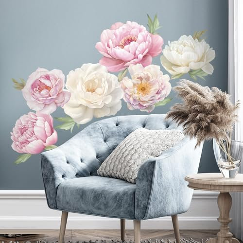 SHUCHING Adesivi Murali Peonia Rimovibili, Adesivi da Parete Vinile Fiore, Decorazione Murale Fiori per Bambini Ragazza