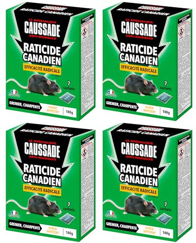 Caussade Raticide Canadien - Anti Rats - Efficacité Radicale - Lieux Secs - 24 Sachets Céréales - Rats Résistants - Prêt à l'emploi - Une Ingestion Suffit - Fabriqué en France - 4x140g CARCDF140X4