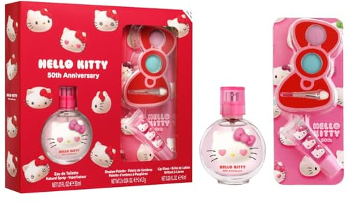 Hello Kitty Natural Kids Perfume & Makeup Gift Set – Eau de Toilette Spray 30ml, Lip Gloss & Eyeshadow Palette with Brush | Vegan & Dermatologically Tested | Safe Beauty Gift Set for Girls Aged 3+