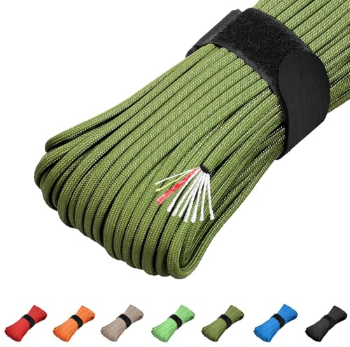 31M Corde de survie en paracorde 550 - Corde de parachute de feu - Corde de survie en nylon 10 brins - Type III de l'armée américaine - Corde de parachute 550 avec ligne de pêche intégrée, allume-feu