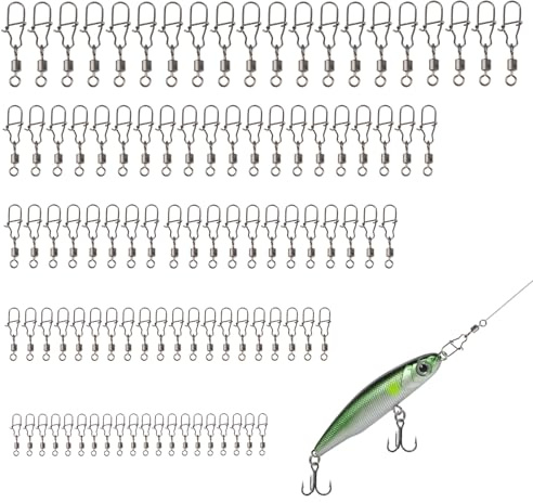 100 Pezzi Girelle da Pesca per Trota con Moschettone, Girella in Acciaio Inox per Pesca con Esche, Accessori da Pesca per Acqua Salata, Kit Completo con 5 Dimensioni (4/6/8/10/12#)