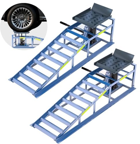 2 Heavy-Duty Car Ramps, 5-Ton (5000 kg) Capacity, High-load Hydraulic Ramps with Reflective Strips for Safe Nighttime Use, Adjustable Height from 24.9 to 38.1 cm, Usable as Workshop Lifting Platform