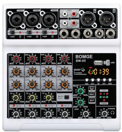 BOMGE Audio Mixer, Sound Board Mixing Console with 5 Channel Digital USB Bluetooth Echo Delay Effect, 48V Phantom Power Stereo DJ Mixers for Recording, Live Streaming, Podcasting (BM-05-W)