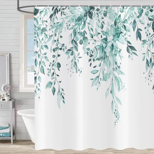 ASDCXZ Türkis Eukalyptus Duschvorhang 180x200 cm, Türkis Eukalyptusblätter Blumen Frühling Aquarell Pflanzen Wasserdicht Badvorhang Polyester Textil Waschbar Duschvorhänge für Badewanne mit 12 Haken
