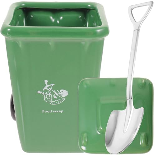 DOITOOL Creative Trash Bin Shape Ceramic Mug with Lid and Spoon Reusable Drink Cup for Office Coffee Tea Milk Convenient Clean Gift for Friends and Colleagues