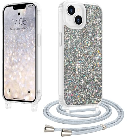 LCHULLE Crossbody Lanyard Case for iPhone 14/13 with Strap, Silver | Adjustable Removable Neck Strap, Sparkle Glitter Phone Cover for Women, Clear TPU Bumper, Shockproof Drop Protection