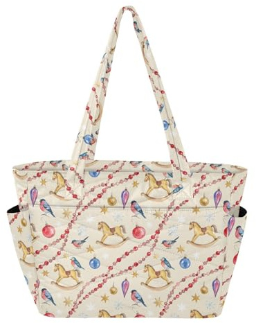 GuoChe Borsa tote per donna borsa da spiaggia per lavoro, viaggi, palestra, con tasca porta bicchiere, motivo vintage cavallo a dondolo