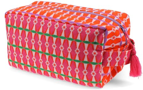 REX London Kulturtasche Geometric Flower, Rosa Orange, 100% Baumwolle, 26 x 12,5 x 14 cm, mit Reißverschluss und Quaste