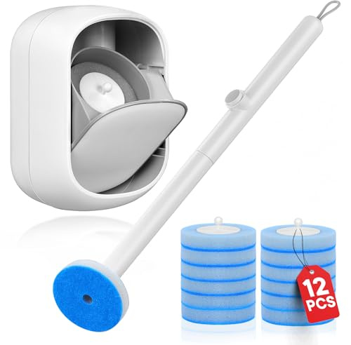 Disposable Toilet Brush with Holder, Toilet Wand Kit with 12 Disposable Refill Heads, Hygienic Toilet Cleaning Brush for Bathroom, Toilet Bowl Cleaner Brush & Storage Caddy