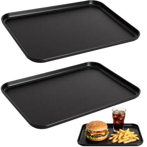 TLDBATICE Set da 2 vassoi da portata rettangolari in plastica nera per cucina, ufficio, caffè, colazione, snack
