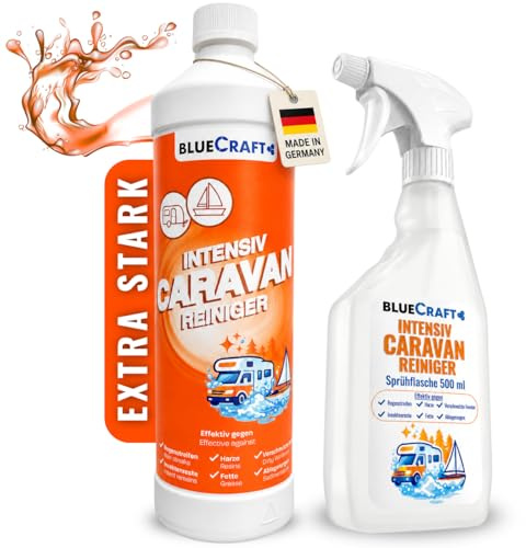 Bluecraft Caravan Reiniger Konzentrat für Aussen + 500ml Sprühflasche | Entfernt effektiv Regenstreifen, Harz, Insektenreste & Straßenschmutz mit hoher Ergiebigkeit für Wohnmobil, Wohnwagen & Boot