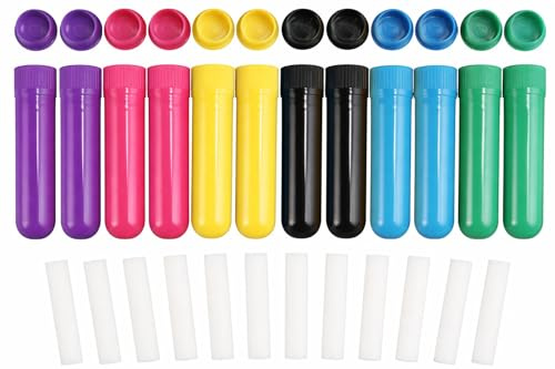 AKORD 12PCS Essential Oil Inhaler Tubes, Refillable Nasal Inhaler Tubes for Essential Oils - Includes 12 Empty Aromatherapy Sticks, 12 Cotton Wicks and 12 Secure Caps - 6 Assorted Colours