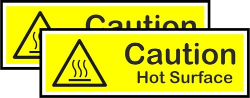 Caution Hot Surface Warning Self Adhesive Vinyl Stickers, Health and Safety, Ideal for Bussinesses, Each is 150mm by 50mm, Pack of 2