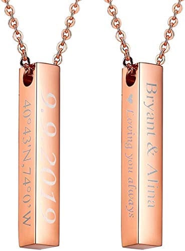 VNOX Rose Gold Plated Personalised Stainless Steel 3D Vertical 4 Sided Rectangle Stick Bar Pendant Necklace for Men Women,Free Engraving