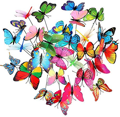 Gwhole Lot de 28 Papillons et Libellules Artificielles avec Bâtonnets Décoration Étanche PVC pour Décoration de Plantes Cour Extérieure Décoration de Jardin