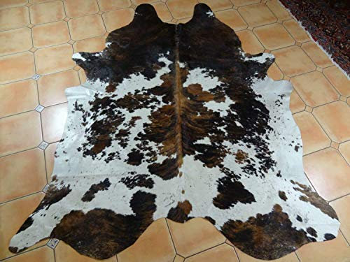 Grande tappeto in pelle bovina tricolore in pelle di mucca, pelo su pelle di mucca, tappeti 5 x 2,1 m nero, marrone e bianco