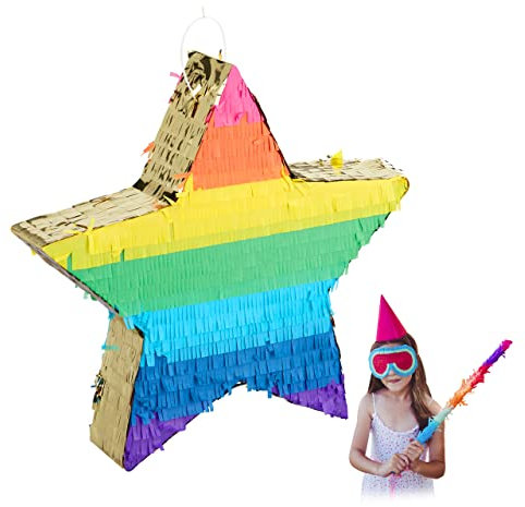 Relaxdays 10031478 Pinata Stern, Partypinata zum Befüllen, Kinder & Erwachsene, Regenbogen, Schlagpinata zum Aufhängen, bunt-gold