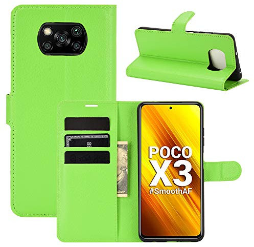 Fertuo Hülle für Poco X3 Pro / X3 NFC, Handyhülle Leder Flip Case Tasche mit Standfunktion, Kartenfach, Magnetschnalle, Silikon Bumper Schutzhülle Cover für Xiaomi Poco X3 NFC Smartphone, Grün