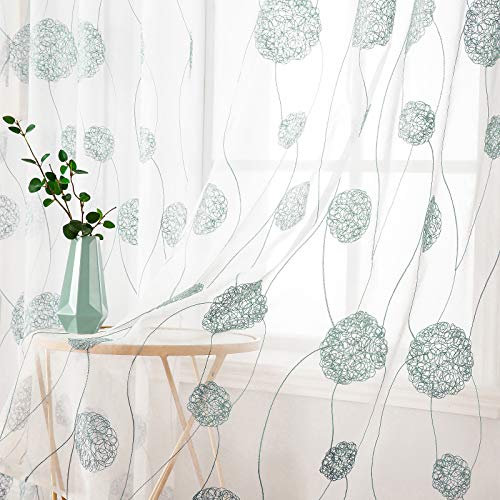 MIULEE Vorhänge mit Florales Stickerei, Gardinen Weiß mit Blau Muste für Wohnzimmer, Schlafzimmer Vorhang Transparent mit Ösen, 2er Set Voile Blumen Durchsichtig Vorhänge, Jeder H 215 X B 140cm