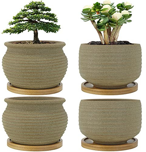 MUZHI Rustic Ceramic Succulent Pot with Bamboo Tray Set of 4, Unglazed Cactus Planter Pot Indoor with Drainage Hole 4Inch 5Inch