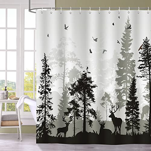 Bonhause Grau Duschvorhang Hirsch im Wald Kiefer und Vögel 180 x 180 cm Duschvorhänge Anti-Schimmel Wasserdicht Polyester Stoff Waschbar Bad Vorhang für Badzimmer mit 12 Haken