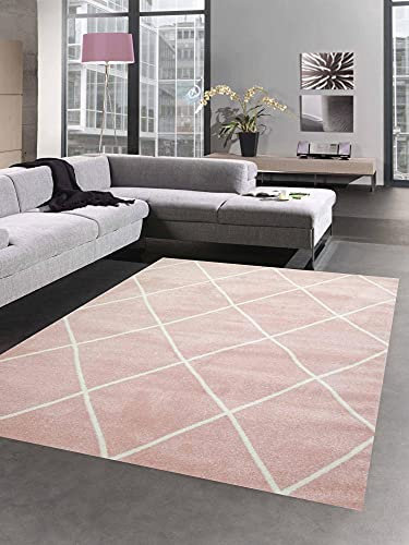 CARPETIA Skandinavischer Teppich Wohnzimmer Rautenmuster Weiß Creme Rosa pflegeleicht Größe 60x110 cm