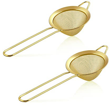 Small Strainer Set of 2, E-far 3.3 Inches Stainless Steel Fine Mesh Sieve with Long Handle, Metal Conical Strainers for Tea Cocktail Coffee Food, Rust Proof & Easy to Clean (Gold)