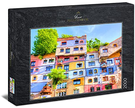 Ulmer Puzzleschmiede - Puzzle „Hundertwasser-Haus“ - 2000 Teile Puzzle – das Bunte Haus vom Künstler Friedensreich Hundertwasser in Wien, Österreich als farbenfrohes Puzzlemotiv