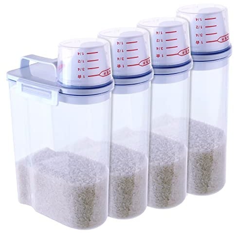 ShanQian 4pcs Cereal Storage Containers, Clear Dry Food Cereal Dispenser, Plastic Food Storage Container Set, Airtight Rice Storage Box with 180ml Measuring Cup for Kitchen