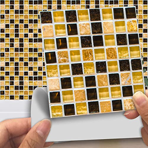 HJOSWVNS Tile Stickers Yellow Black Marble Peel and Stick Wallpaper PVC Waterproof Oil Proof Self Adhesive Wall Tiles for Kitchen Bathroom Home Decor on 10 Pcs(15x15cm)