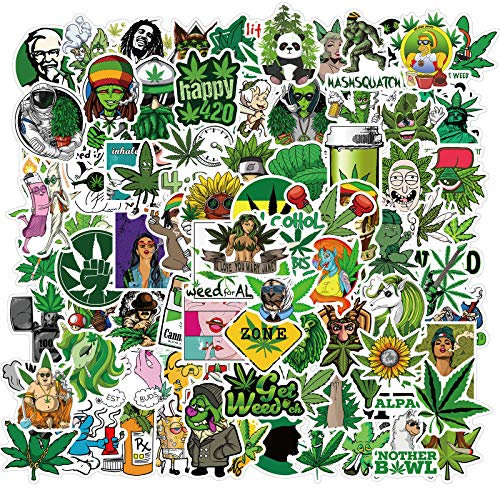 Funny Weed Stickers Pack 100 Pcs, Green Weed Sticker Waterproof Cool Graffiti Vinyl Decals for Water Bottle Laptop Skateboard Phone Bike Car Bumper Luggage,Vinyl Spoof Leaves Stickers for Adult