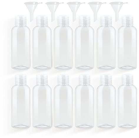 GOMEON 12 Pièces Bouteilles de Voyage, 50 ml en Plastique avec 5 Petits Entonnoirs, Kit de Voyage pour Liquides, Conteneur de Gel de Douche de Voyage Bouteilles Cosmétiques