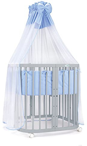 Waldin Babybett aus Holz 7in1 mit Matratze, Mitwachsendes Kinder-Bett, Belüftet, Boden 5-Fach Verstellbar, All-Inclusive-Set, Holz Grau, Stoffe Blau