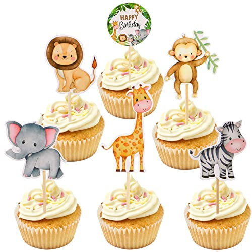 36 Stücke Cupcake Toppers, Cake Toppers Zoo Kuchen Deko Junge Happy Birthday Cake Topper Geburtstag Tortendeko Junge Kuchendeko Tiere Happy Birthday Cake Decoration Muffin Deko Geburtstag für Kinder
