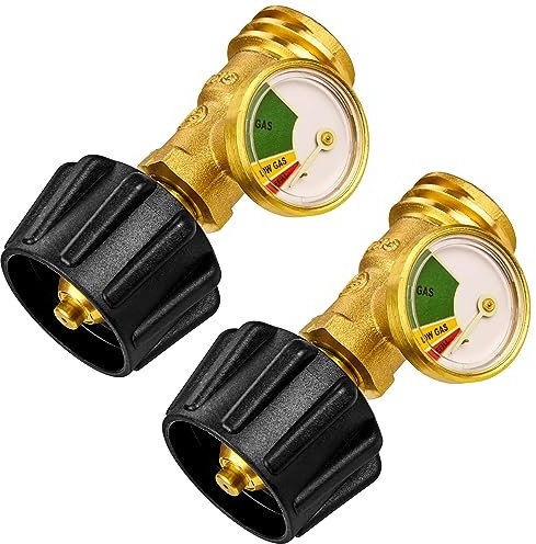 Flame King YSN212B-2PK Propane Tank Gauge Level Indicator, Leak Detector Gas Pressure Meter, Color Coded & Glows in The Dark, Universal for All Cylinders, Solid Brass (2-Pack)