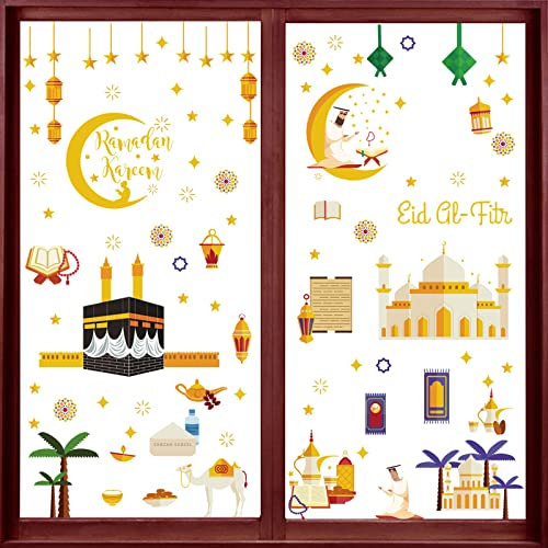 196 Stück Ramadan Fensteraufkleber, Fensterbild Set Eid Mubarak, Fenstersticker Eid al-Fitr, Ramadan Eid Mubarak Dekoration, Muslim Fensteraufkleber Partyzubehör Stern Halbmond Laterne Aufkleber